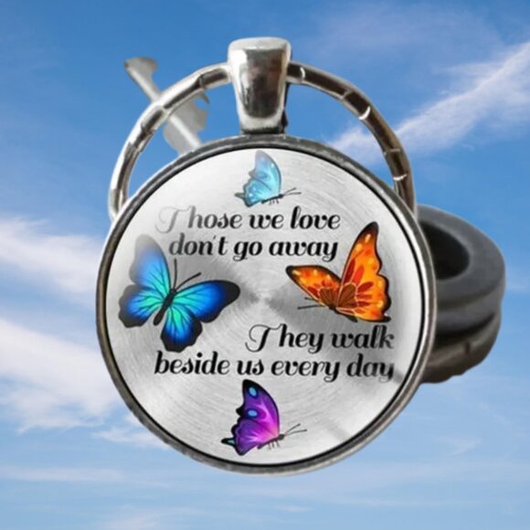 Butterflies Remembrance Domed Keychain Keyring Bag Charm Silver Blue Orange - Picture 1 of 9